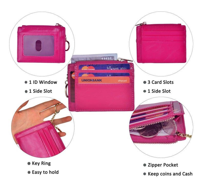 woogwin Slim RFID Credit Card Holder for Women Mini Front Pocket Wallet Purse With Keychain(Oil Rose) - Image 4